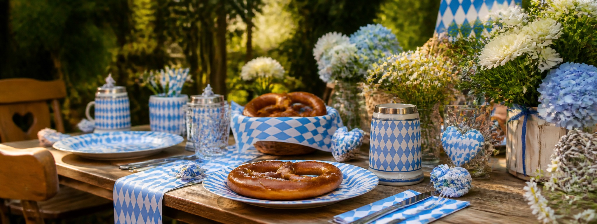 Festlich gedeckter Oktoberfest-Tisch in Blau und Weiß